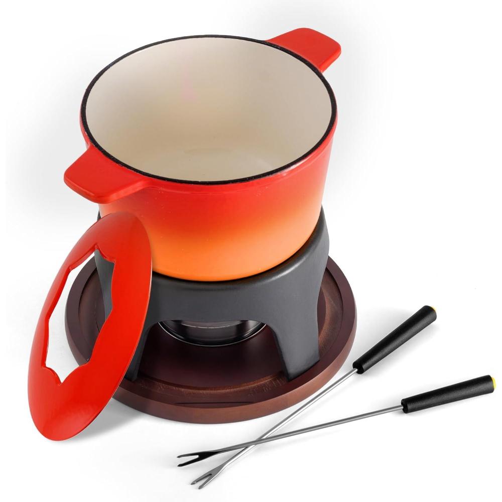 Swissmar Sierra Cast Iron Fondue Set, 1.6 Quart / 1.6 Liter – Perfect for Meat, Cheese, & Chocolate Fondues – Ideal for Family Bonding & Hosting Gifts – 12-Pieces, Metallic Black(Orange)