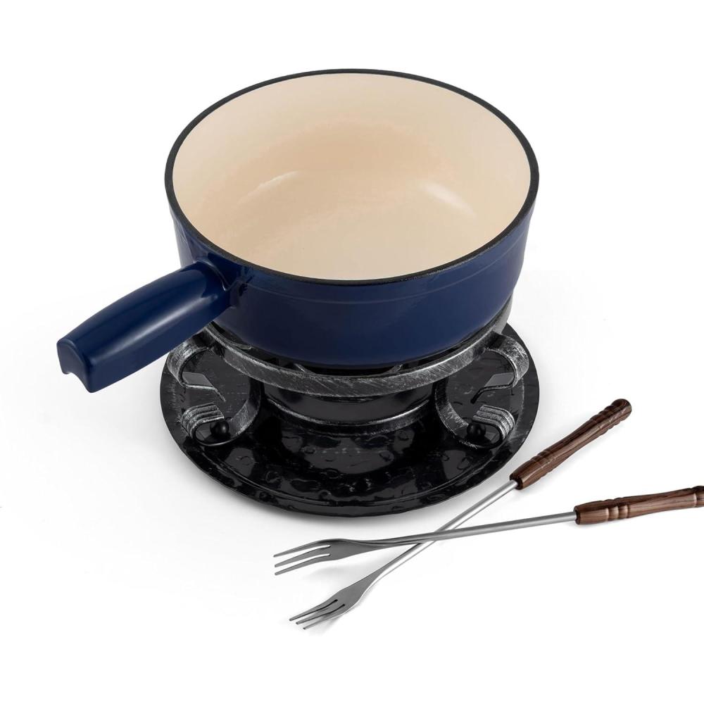 Swissmar Lugano Cast Iron Cheese Fondue Set, 9-Piece, 2 QT / 2 L – Ideal for Melting Cheese, Chocolates, Caramel, & More – Perfect for Kitchen Collection & Gift Giving – Cherry Red(Deep Blue)
