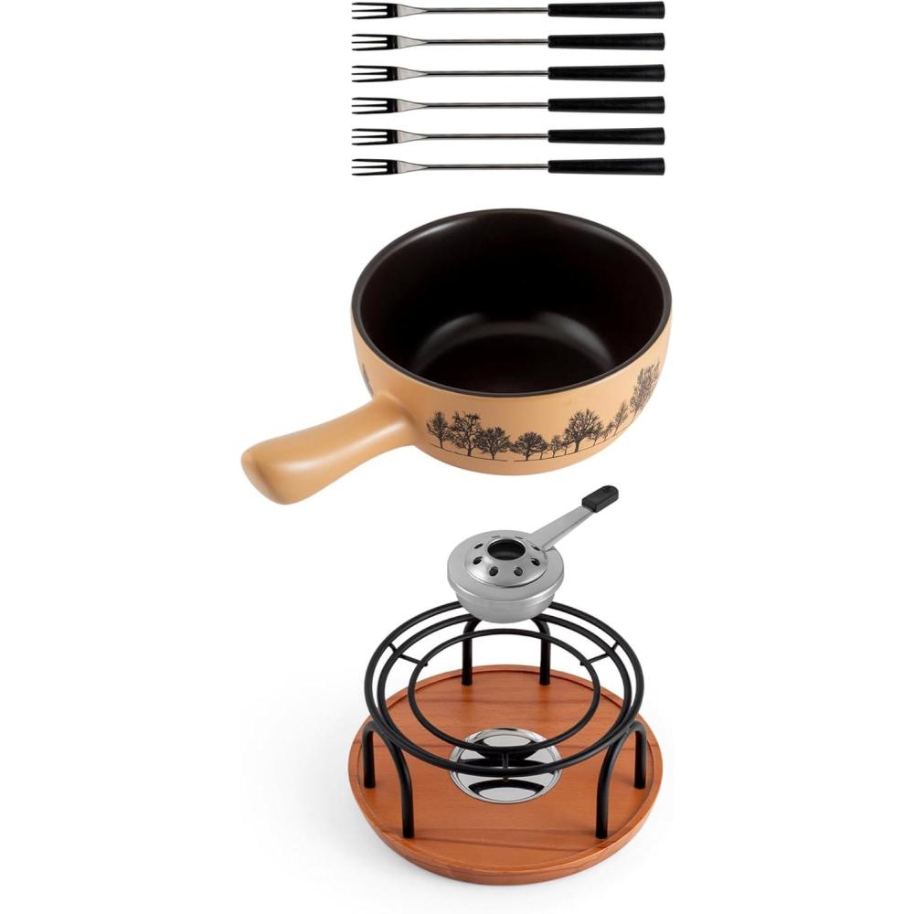 Swissmar Heidi Cheese Fondue Set – 2.8 QT / 2.65 L – Ceramic Fondue Pot with Rechaud, Fondue Burner, 6 Forks & Recipe Card – Ideal for Melting Cheese, Chocolate & Caramel – White(Jura Fondue Set)