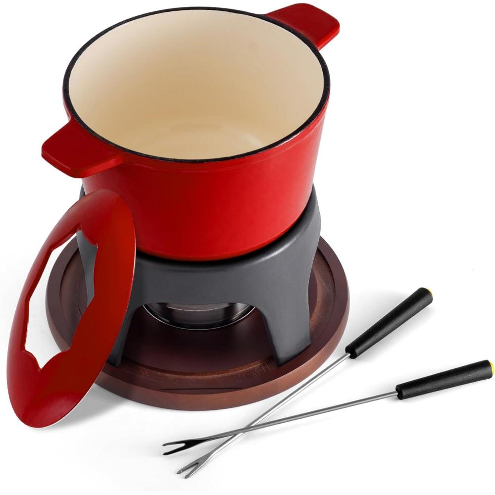 Swissmar Sierra Cast Iron Fondue Set, 1.6 Quart / 1.6 Liter – Perfect for Meat, Cheese, & Chocolate Fondues – Ideal for Family Bonding & Hosting Gifts – 12-Pieces, Metallic Black(Cherry Red)