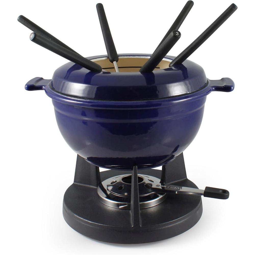 Swissmar Lucerne 10 Piece Cast Iron Fondue Set – Ideal for Melting Cheese, Chocolate, & Meat – Perfect for Kitchen Collection & Wedding Gift Giving – 2 Liter / 2 Quart – Matte Black(Indigo Blue)
