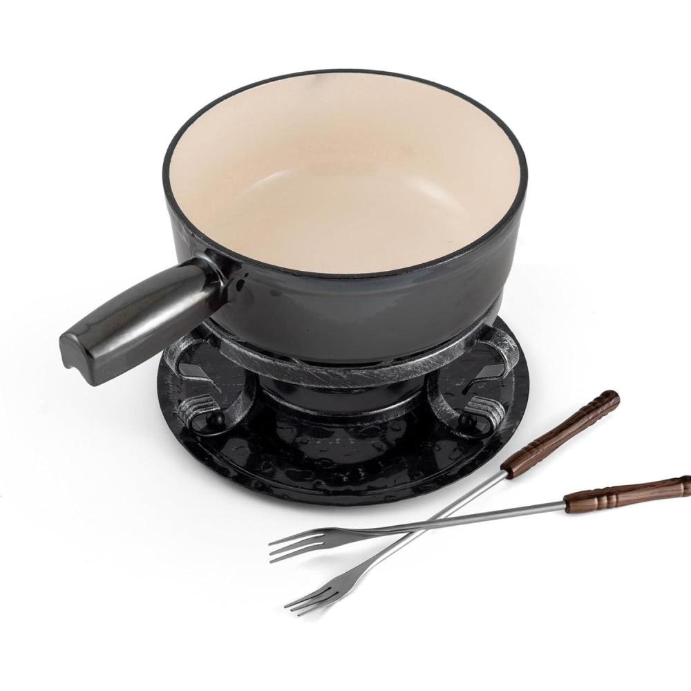 Swissmar Lugano Cast Iron Cheese Fondue Set, 9-Piece, 2 QT / 2 L – Ideal for Melting Cheese, Chocolates, Caramel, & More – Perfect for Kitchen Collection & Gift Giving – Cherry Red(Metallic Black)