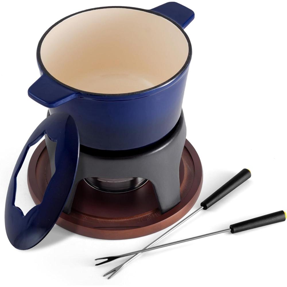 Swissmar Sierra Cast Iron Fondue Set, 1.6 Quart / 1.6 Liter – Perfect for Meat, Cheese, & Chocolate Fondues – Ideal for Family Bonding & Hosting Gifts – 12-Pieces, Metallic Black(Deep Blue)