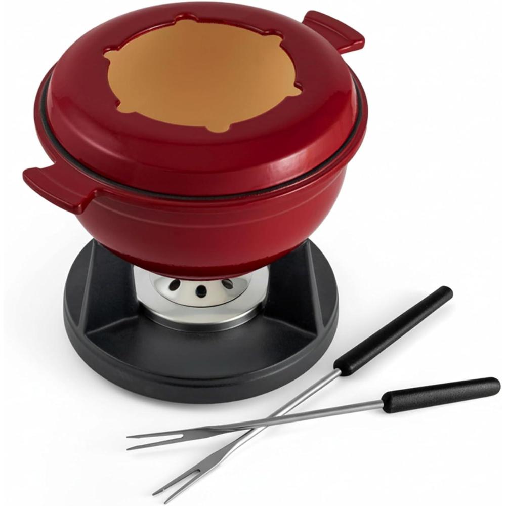 Swissmar Lucerne 10 Piece Cast Iron Fondue Set – Ideal for Melting Cheese, Chocolate, & Meat – Perfect for Kitchen Collection & Wedding Gift Giving – 2 Liter / 2 Quart – Matte Black(red enamel)