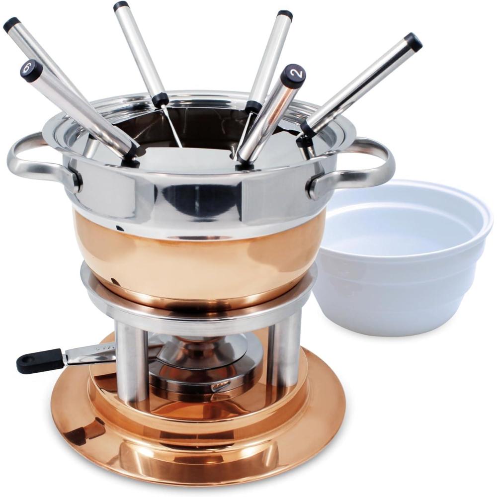 Swissmar Arosa 11-Piece Stainless Steel 3-in-1 Fondue Set – Ideal for Melting Cheese, Chocolate, Butter, & More – Perfect for Kitchen Collection & Wedding Gift Giving – 1.6 Quarts / 1.5 Liter(Lausanne 11-Piece Copper Plated)