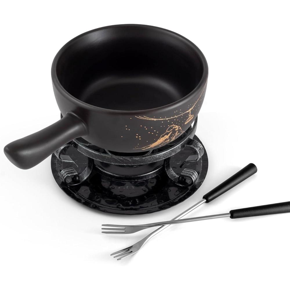 Swissmar Heidi Cheese Fondue Set – 2.8 QT / 2.65 L – Ceramic Fondue Pot with Rechaud, Fondue Burner, 6 Forks & Recipe Card – Ideal for Melting Cheese, Chocolate & Caramel – White(Black)