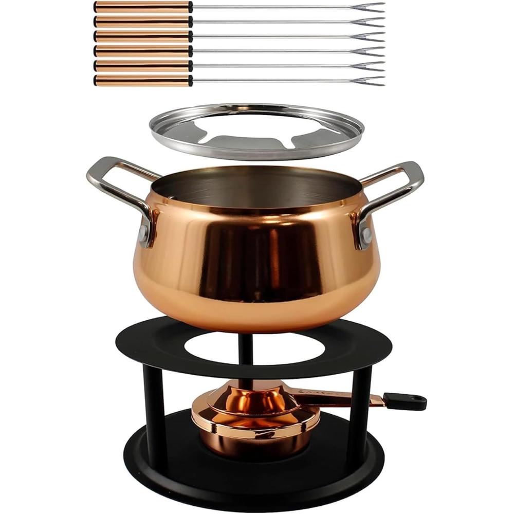 Swissmar Arosa 11-Piece Stainless Steel 3-in-1 Fondue Set – Ideal for Melting Cheese, Chocolate, Butter, & More – Perfect for Kitchen Collection & Wedding Gift Giving – 1.6 Quarts / 1.5 Liter(Peak 10-Piece Copper Plated)