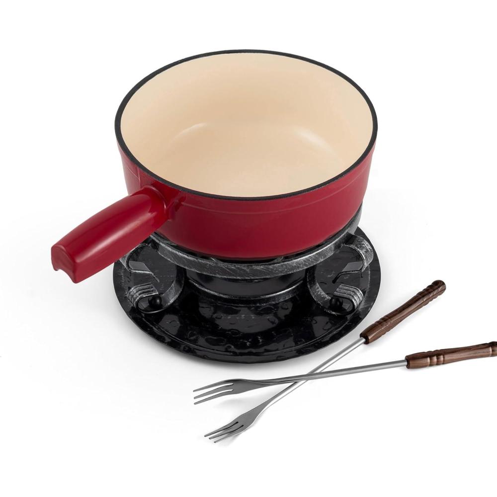 Swissmar Lugano Cast Iron Cheese Fondue Set, 9-Piece, 2 QT / 2 L – Ideal for Melting Cheese, Chocolates, Caramel, & More – Perfect for Kitchen Collection & Gift Giving – Cherry Red(Cherry Red)