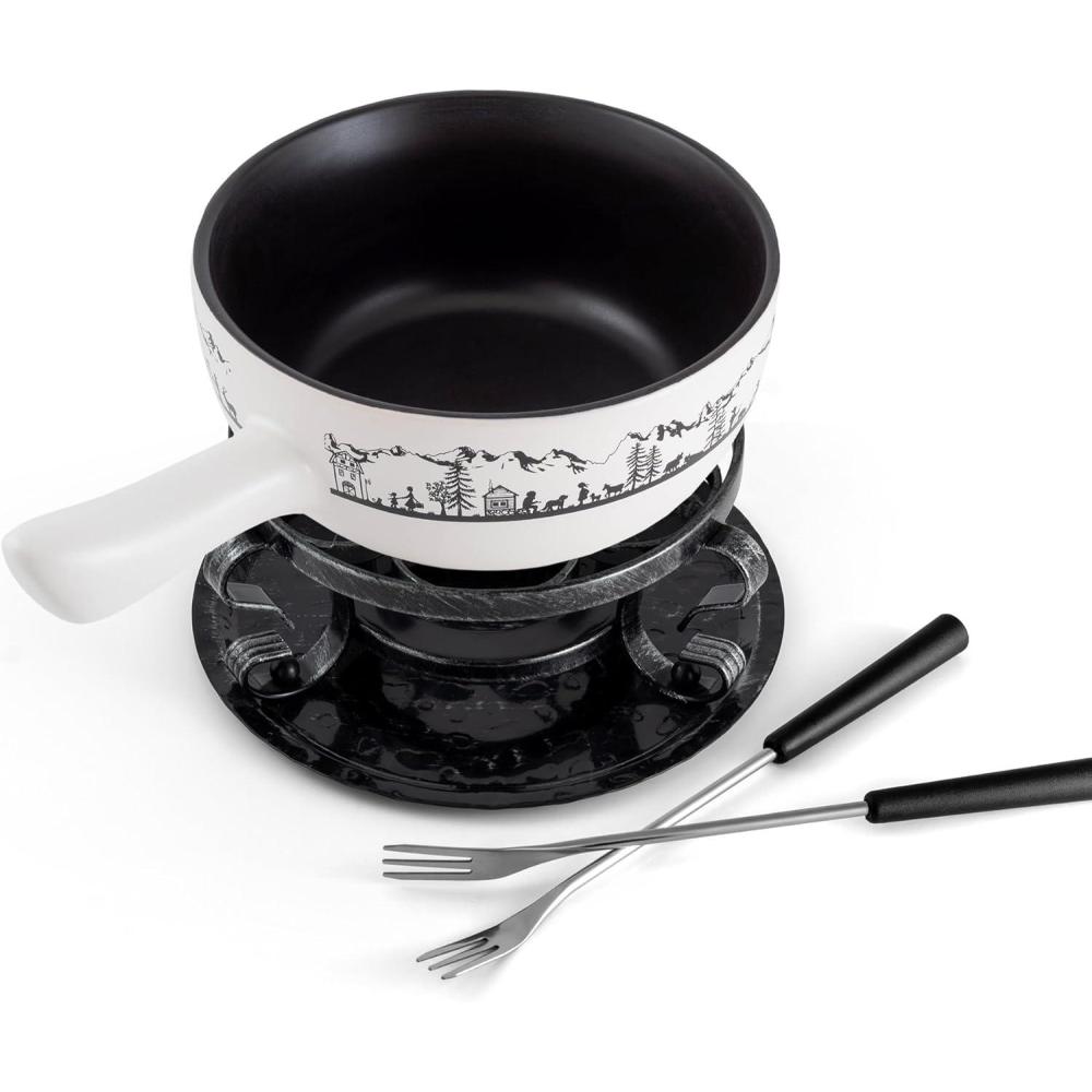 Swissmar Heidi Cheese Fondue Set – 2.8 QT / 2.65 L – Ceramic Fondue Pot with Rechaud, Fondue Burner, 6 Forks & Recipe Card – Ideal for Melting Cheese, Chocolate & Caramel – White(Swissmar Heidi Fondue Set)