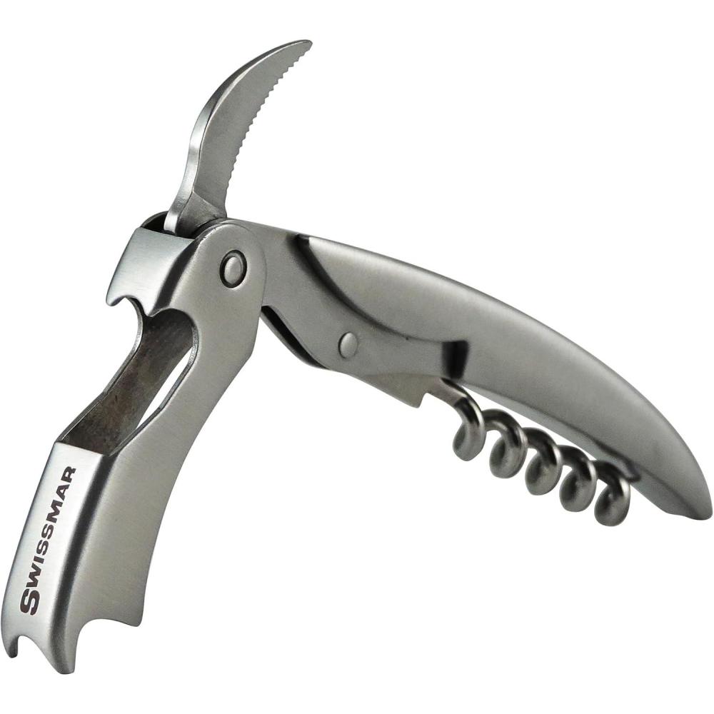 Swissmar 1-Step Corkscrew – Stainless Steel Waiter’s Corkscrew with Serrated Foil Cutter – Easy Cork Removal Tool for Wine Bottles – Dual Bottle Openers – Works on Natural & Synthetic Corks(Silver)