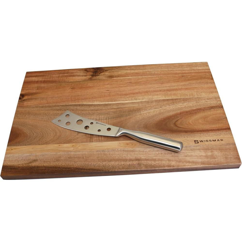 Swissmar Mini Acacia Cheese Board Set – Compact 2-Piece Serving Board with Built-In Magnetic Knife Storage – Durable & Water-Resistant – Perfect for Kitchen Collection – 11 x 7.25(Large Board and Knife)