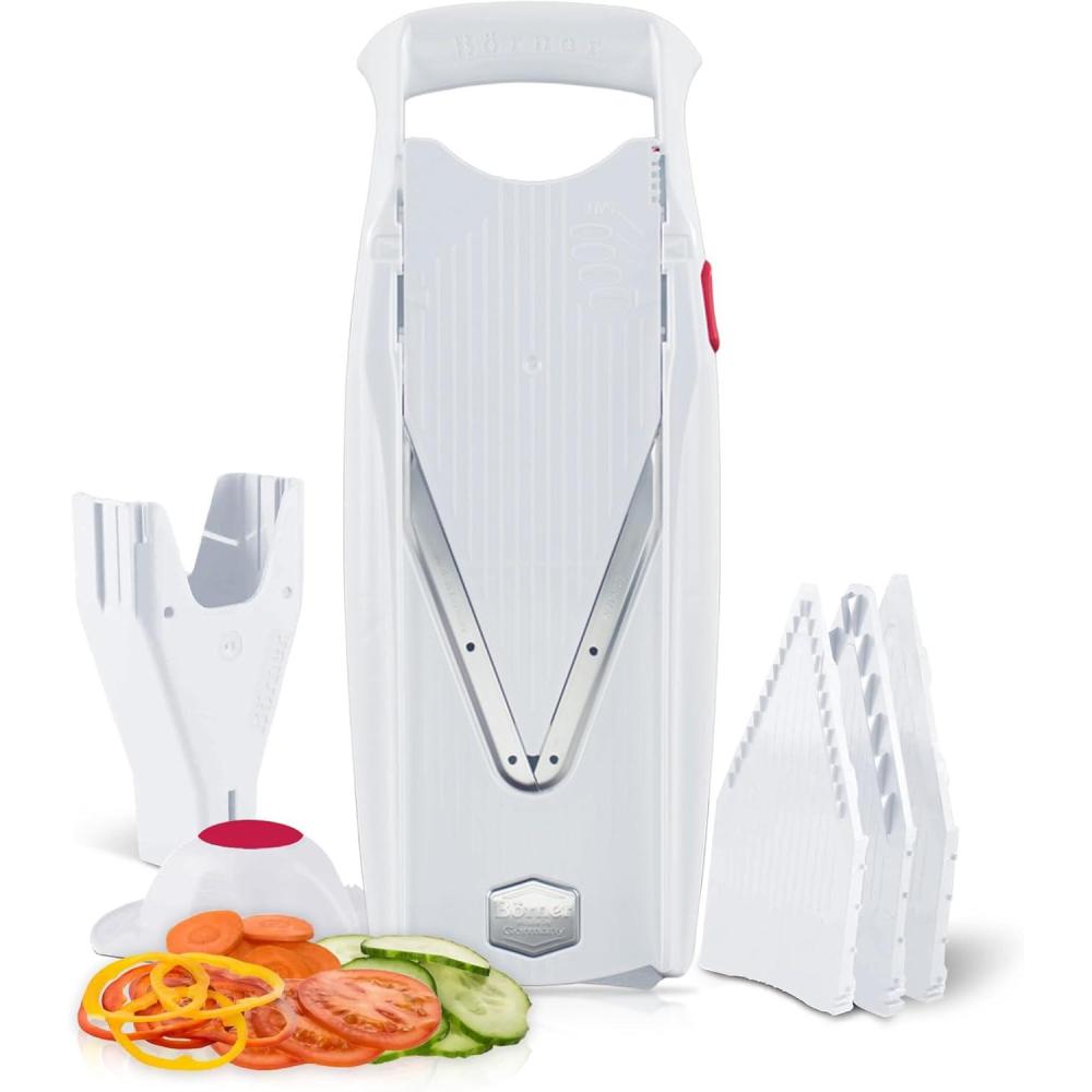 Swissmar Börner VPower V-Slicer Mandoline – Professional Kitchen Tool with Adjustable Thickness – Precision Food Slicer for Vegetables, Julienne, Shredding – Includes Safety Holder & Inserts – White