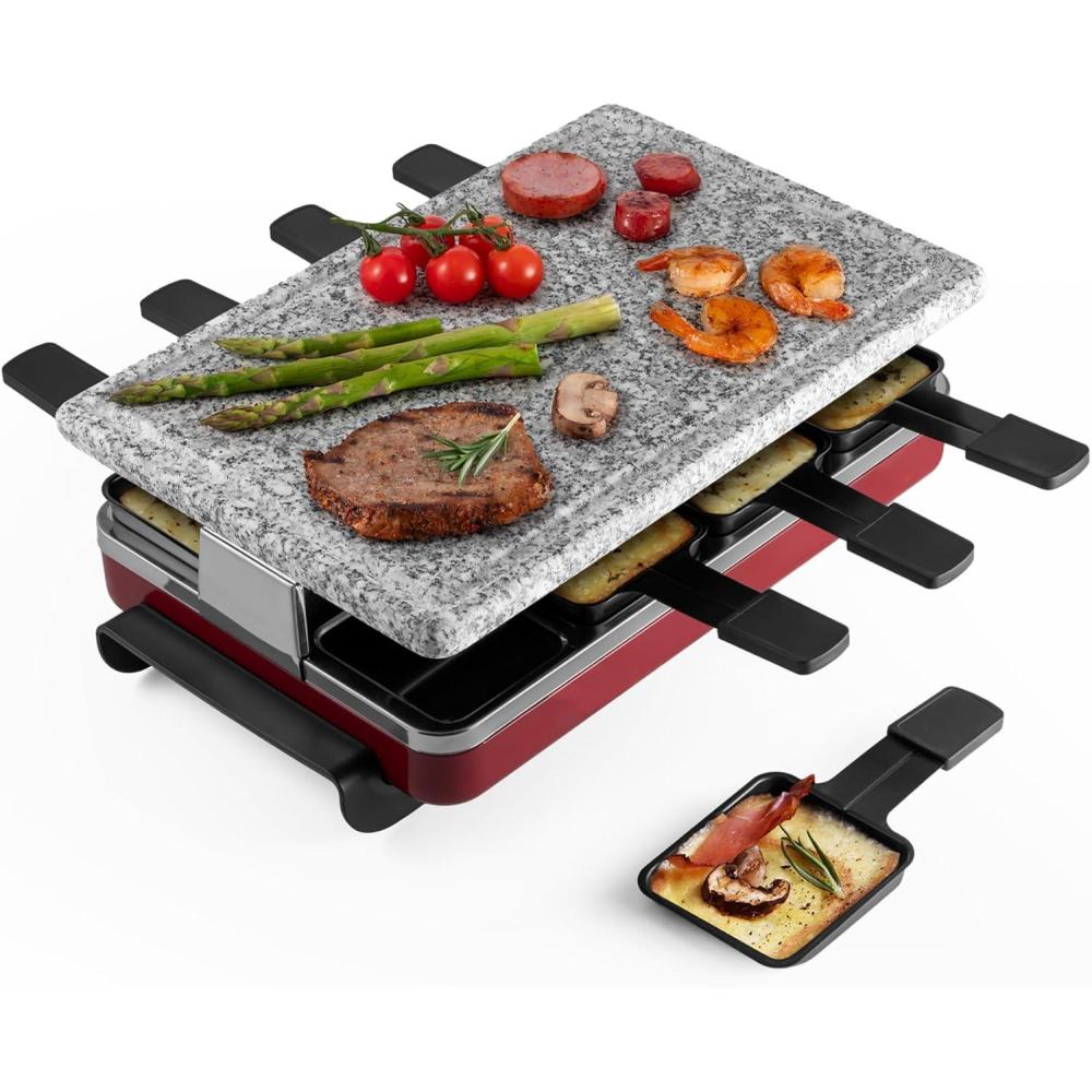 Swissmar Classic 8-Person Raclette Party Grill – Indoor Electric Grill & Griller with Granite Stone Grill Plate – Red