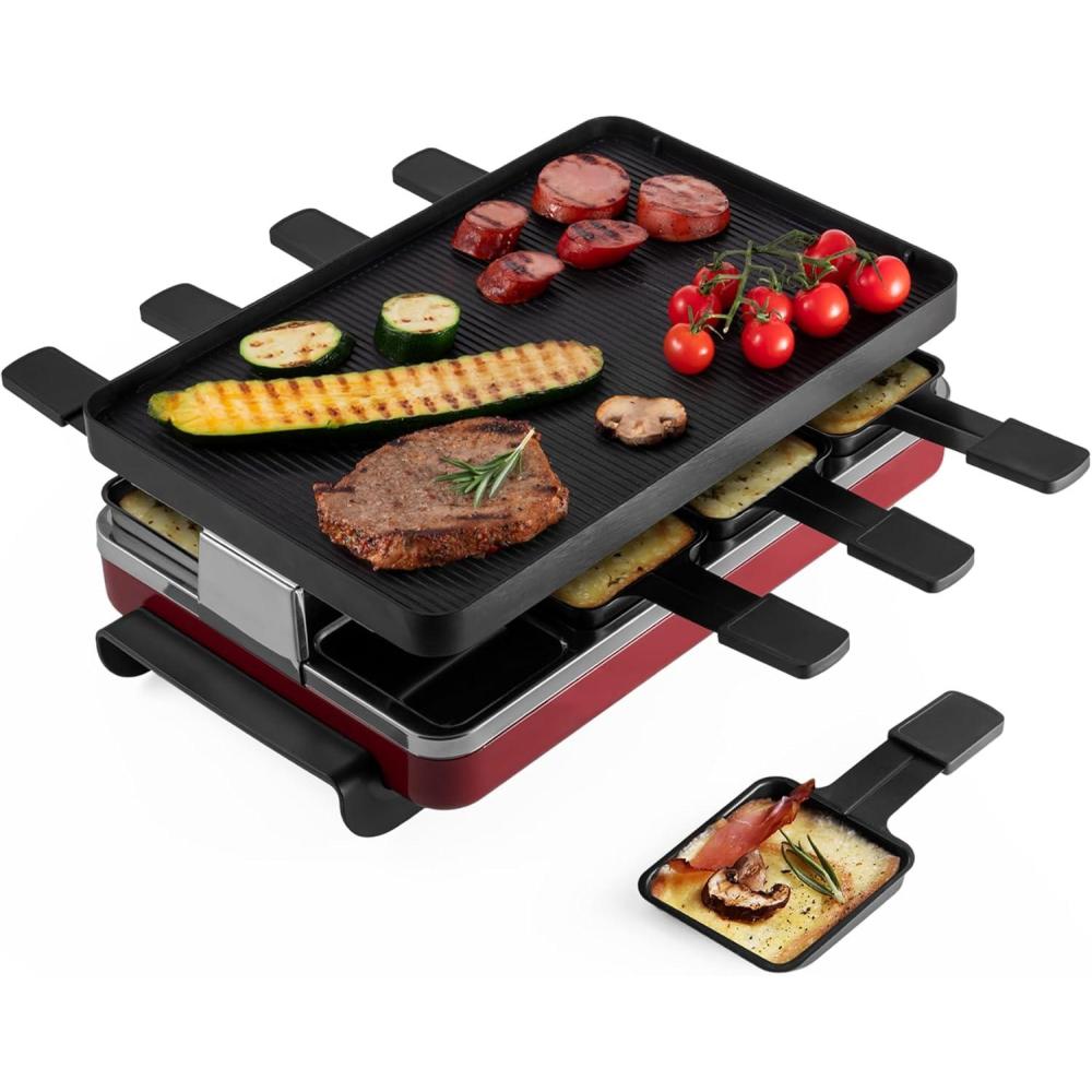 Swissmar Classic 8-Person Raclette Party Grill – Indoor Electric Grill & Griller with Reversible Cast Iron Grill Plate/Crepe Top – Anthracite Black(Red)
