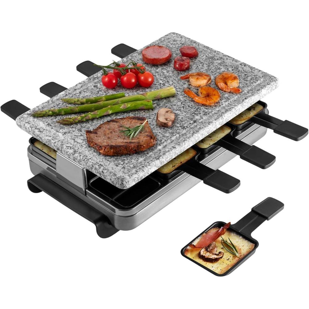 Swissmar Classic 8-Person Raclette Party Grill – Indoor Electric Grill & Griller with Reversible Cast Iron Grill Plate/Crepe Top – Anthracite Black(Brushed Stainless Steel)