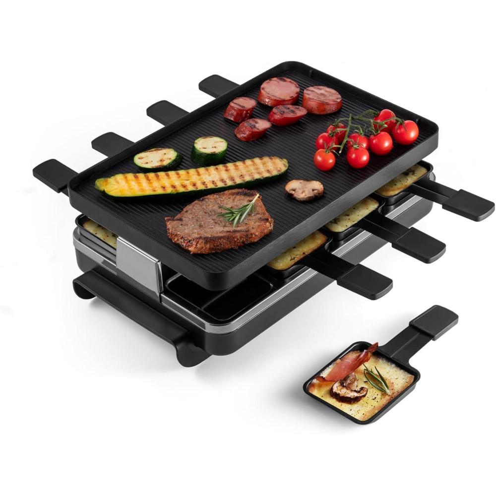 Swissmar Classic 8-Person Raclette Party Grill – Indoor Electric Grill & Griller with Reversible Cast Iron Grill Plate/Crepe Top – Anthracite Black(Black)