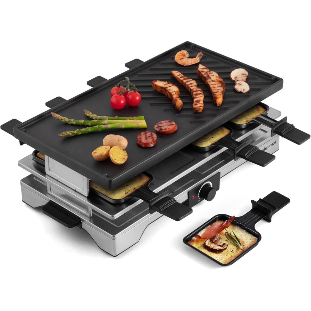 Swissmar Verso Indoor & Outdoor Raclette Grill with Cast Iron Reversible Griddle / Grill Top – 1700W Electric Raclette Set with PFAS-Free Nonstick Dishes, Variable Heat Control, 8-Person