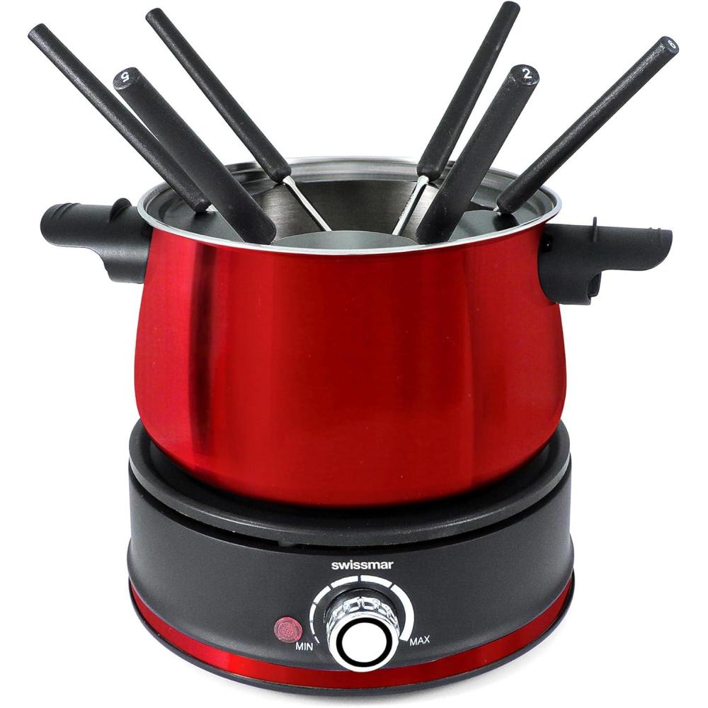 Swissmar Arolla 10 Pieces Stainless Steel Electric Fondue Set – Perfect Fondue Pot Electric Set for Cheese, Chocolate, Oil, Broth & More – Gift Ideas for Wedding, House Warming, Red, 2.1 Qt / 2L(Red)